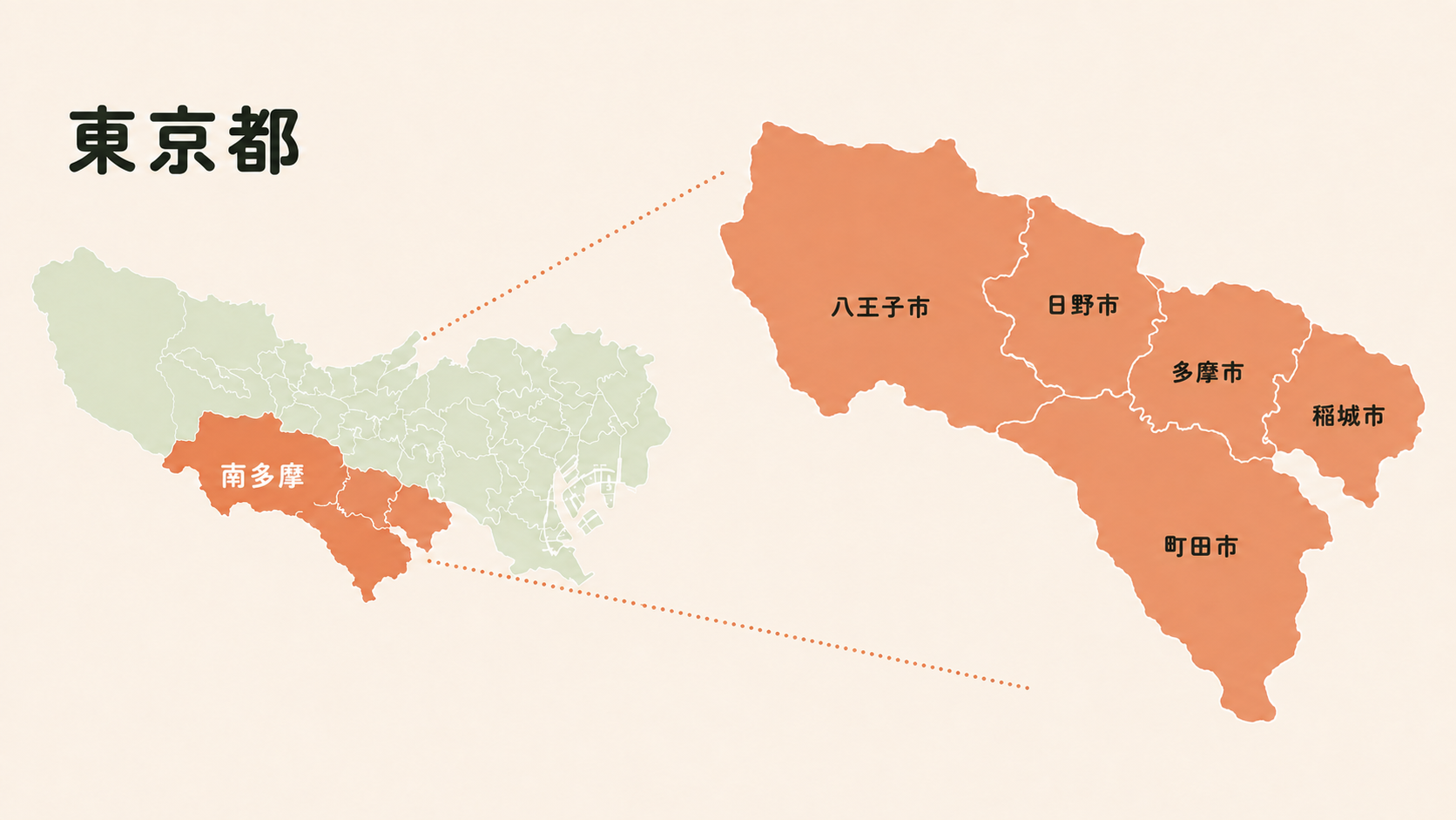 南多摩が東京都のどこにあるかを示す地図
