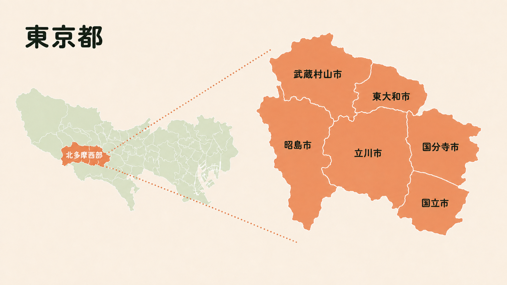 北多摩西部が東京都のどこにあるかを示す地図